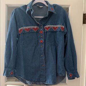 Embroidered bead Denim Shirt with Red Accents